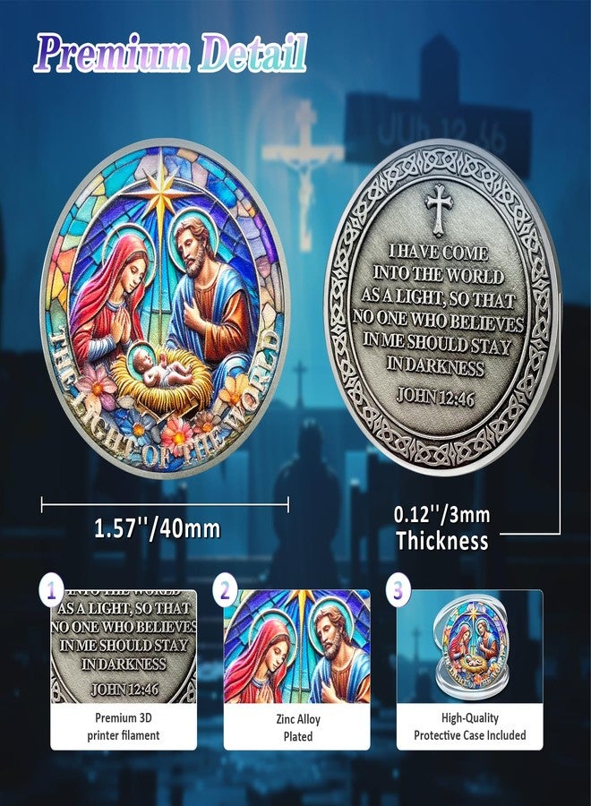 IELCJJ Colorful Nativity Christian Challenge Coin - John 12:46 Jesus Religious Token - Art God Pocket Bible Verses Coins for Study - Good Luck Commemorative Gifts for Men Women Kids Coworker - Image 3